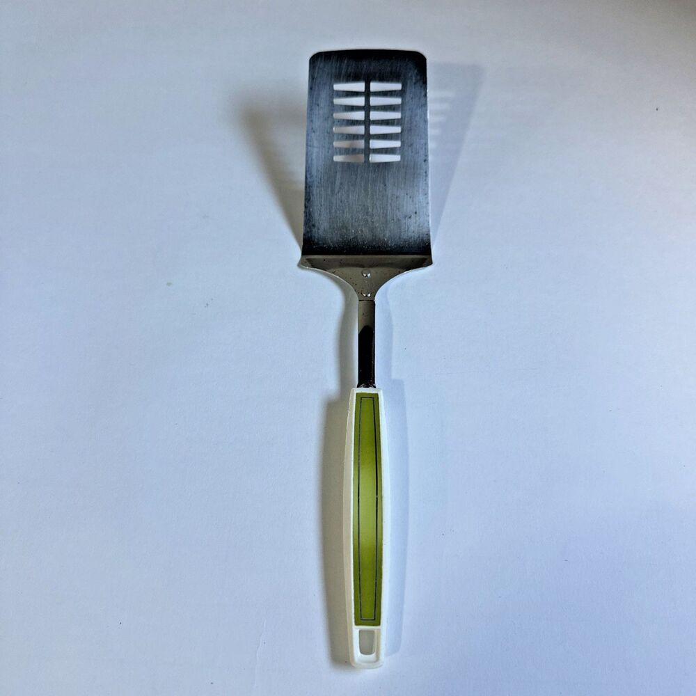 Ekco Slotted Spatula Metal Chromium Keyhole Nylon Plastic Green White 12.5" Vtg